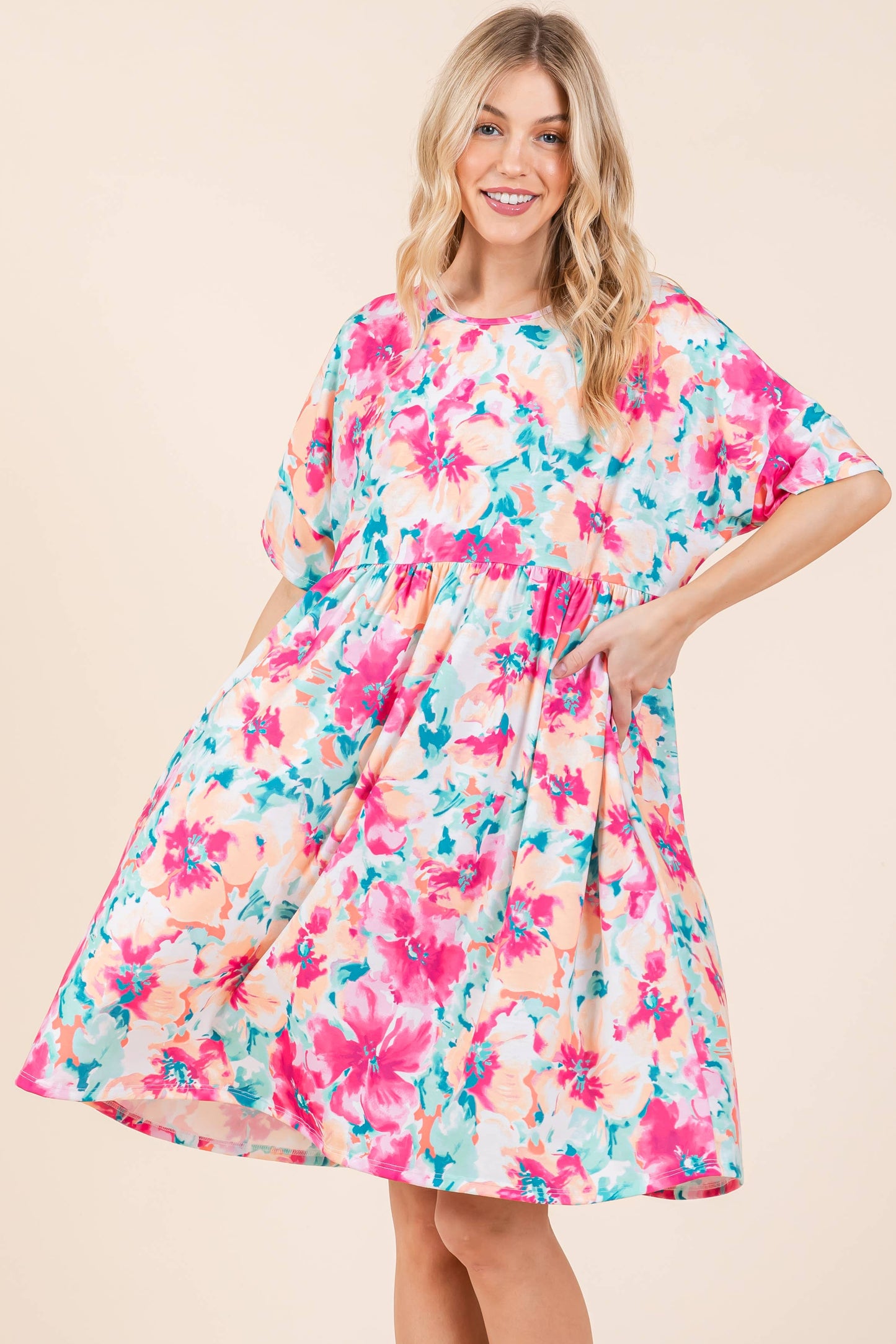 Mint-Fuschia Shirred Dress
