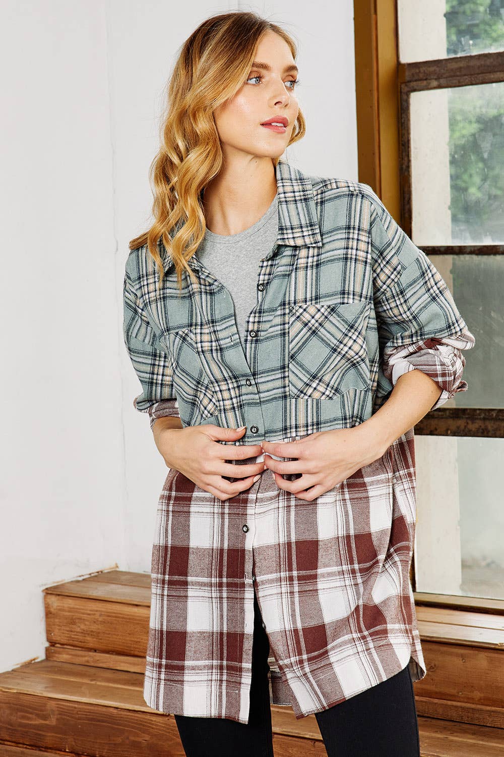 Mixed Plaid Button Down Oversized Shirt