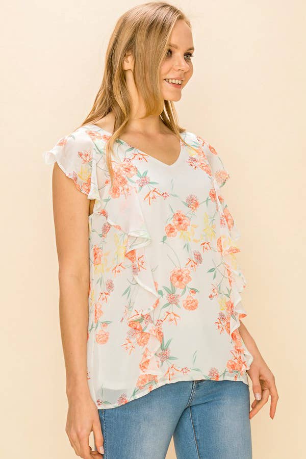 Women Floral Print Ruffle Blouse