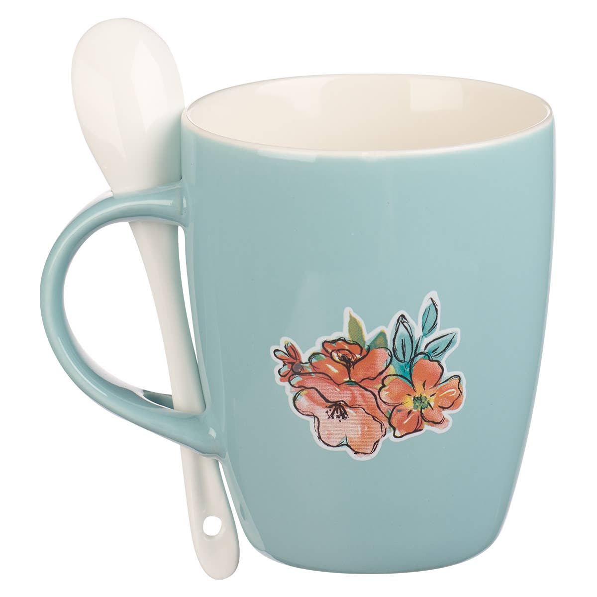 Mug with Spoon White/Teal Floral The Lord Bless You