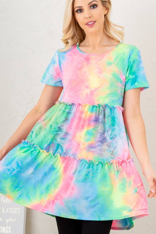 Multi Color Tie Dye Dress with Ruffled Detail
