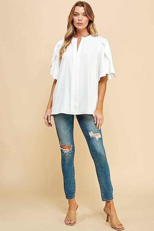 Solid Petal Flutter Sleeve Loose Blouse