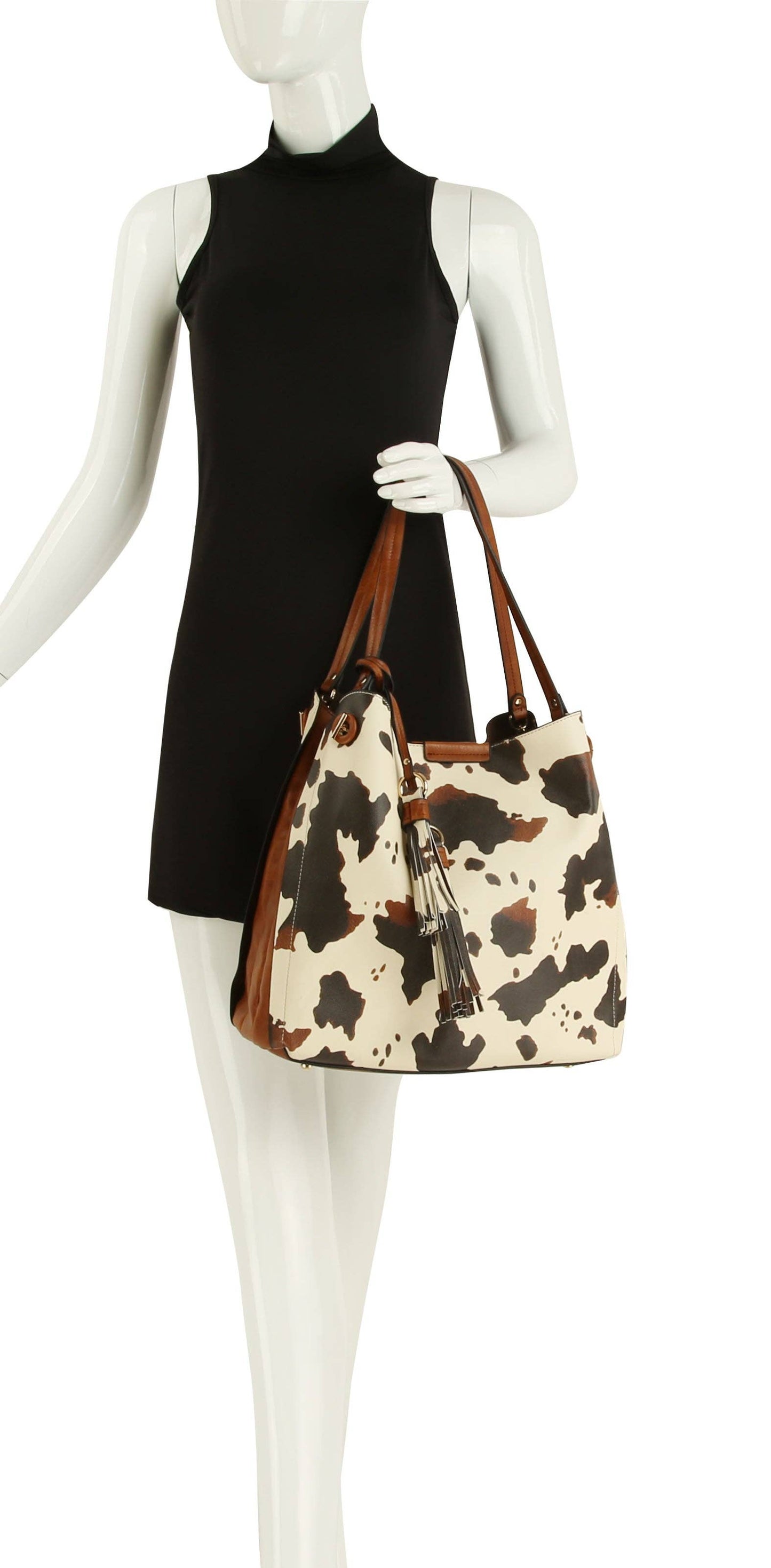Cow Print Satchel Tossel Handbag: BLACK