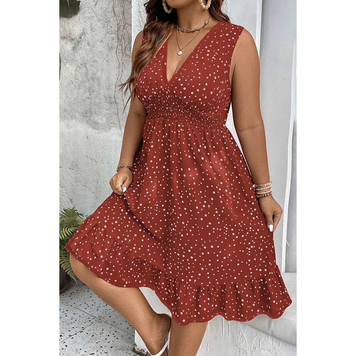 Plus Dot Print High Elastic Waist Ruffle Dress