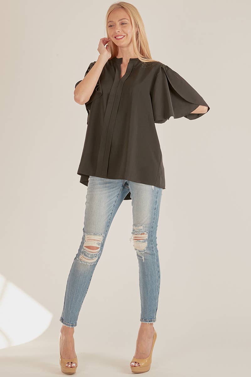 Solid Petal Flutter Sleeve Loose Blouse