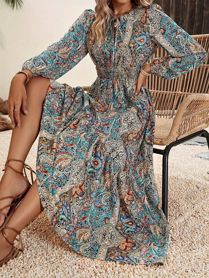 Fashionable Print Tie-Up Long-Sleeved Dress