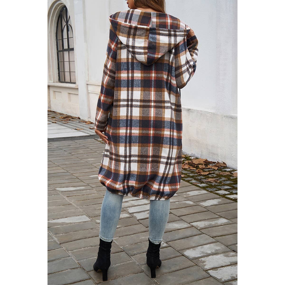 Plaid Zip Up Pockets Long Hooded Coat