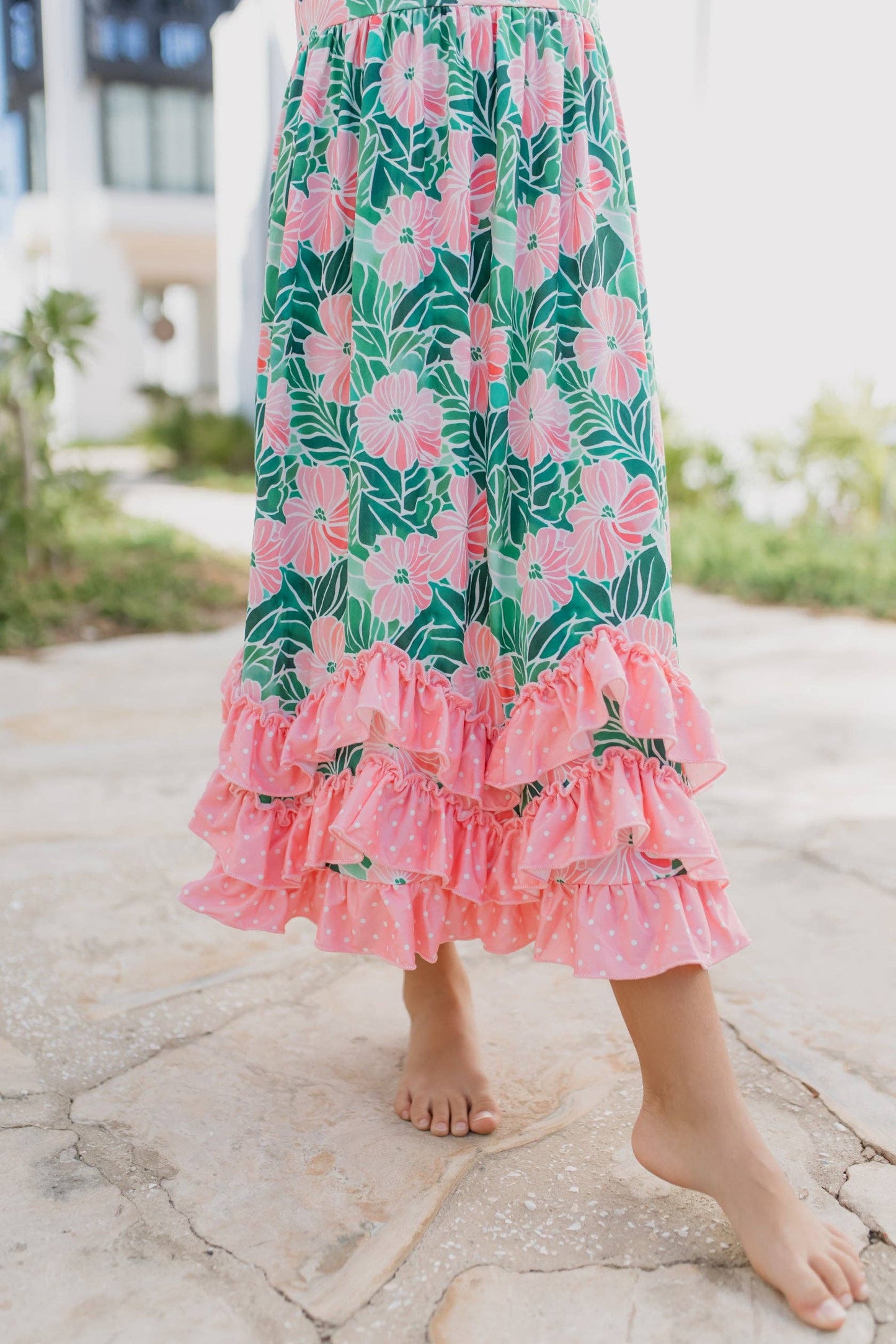 Girls 3 Tiered Pink Green Tropical Spring Ruffles Dress