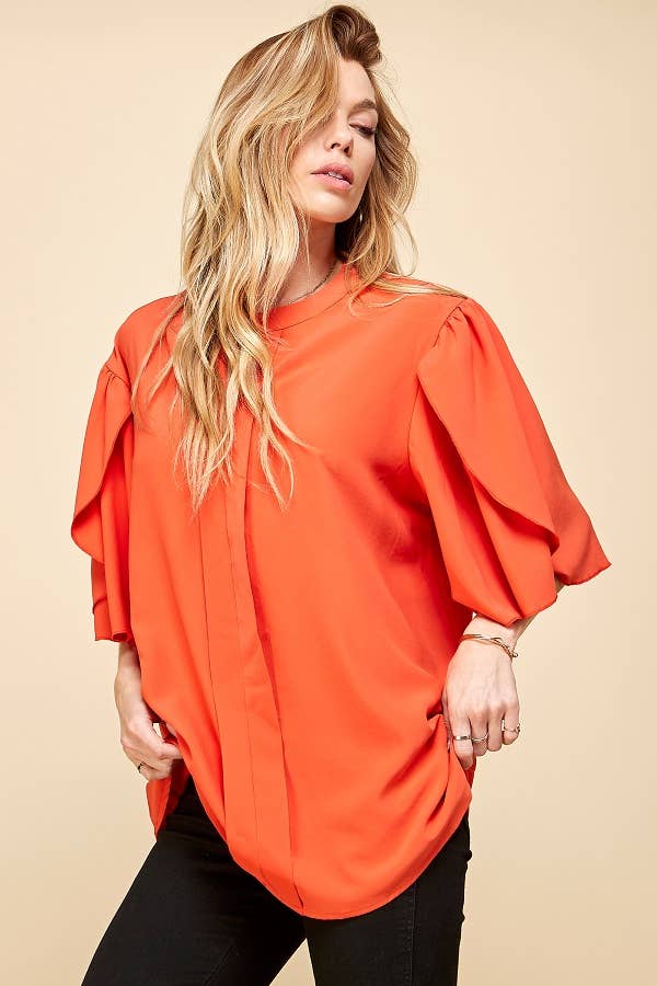 Solid Petal Flutter Sleeve Loose Blouse