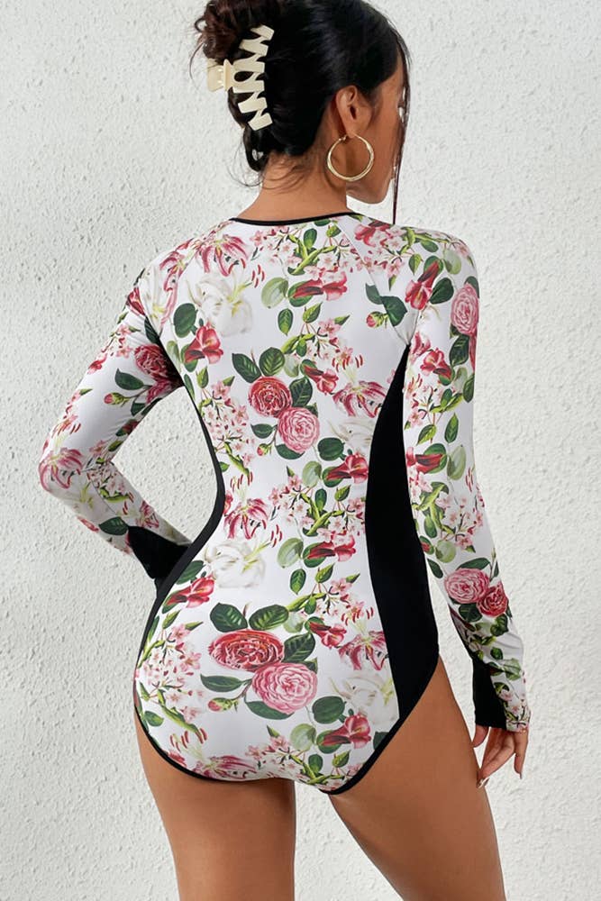 Zipper Tropical Print Splicing Swimsuit ZZKF638