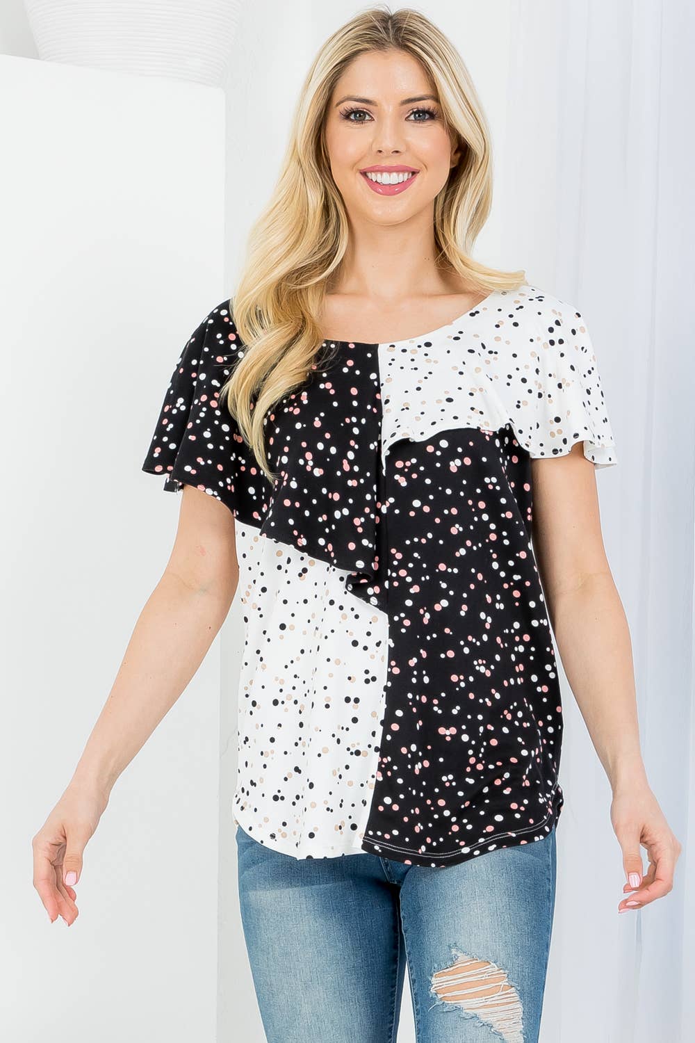 Women Multi Color Contrast Ruffle Short Sleeve Top