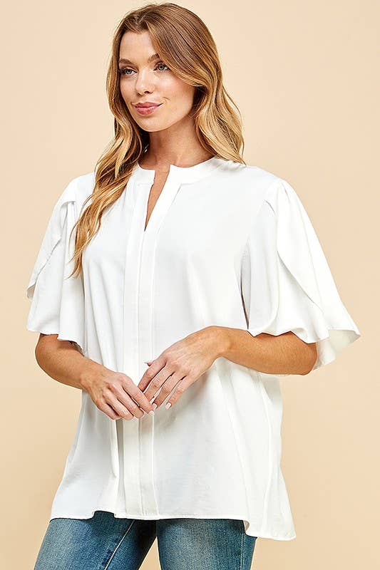 Solid Petal Flutter Sleeve Loose Blouse