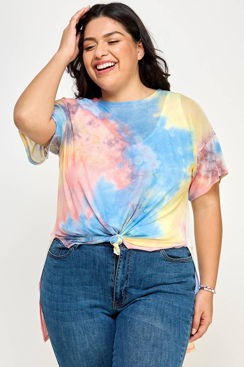 Plus Size Tie Dye Print Mesh Tee