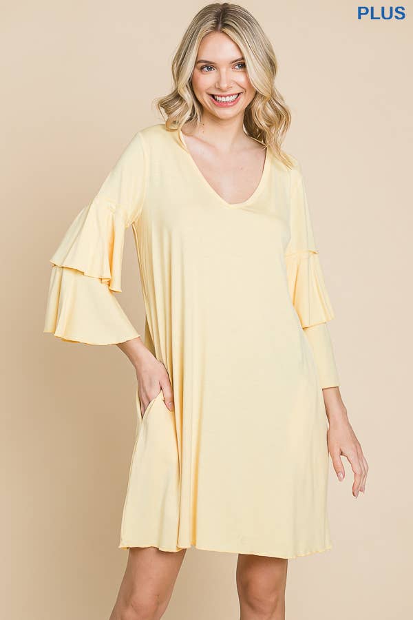Plus Size V Neck Ruffle Sleeve A Line Dress