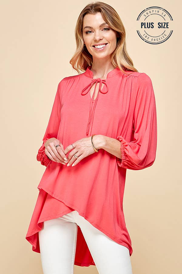 Plus Solid Collar Band Wrap Top With Tie