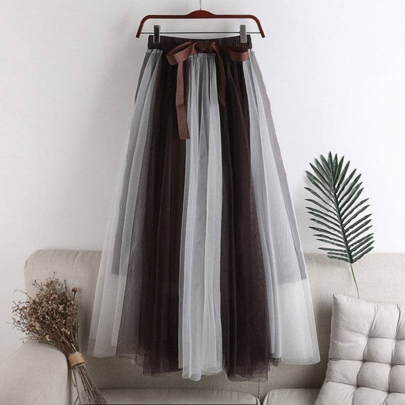 Color-Block Tulle Midi Puff Half Skirt
