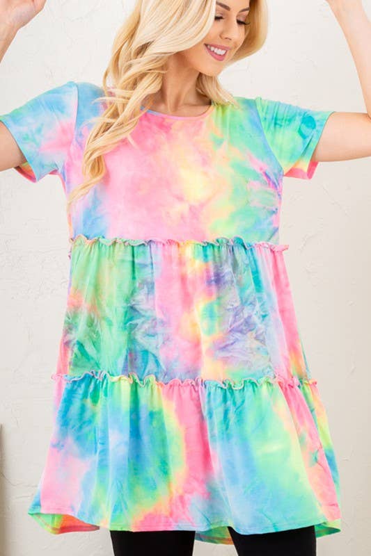 Multi Color Tie Dye Dress with Ruffled Detail