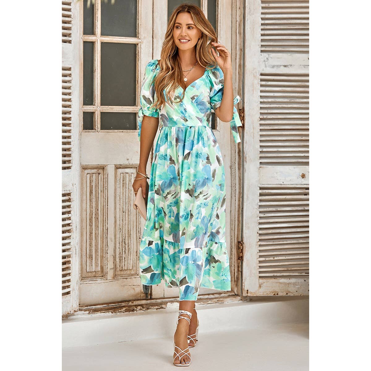 Floral Paint Short Sleeve Tie Cuff Surplice Neck Dress