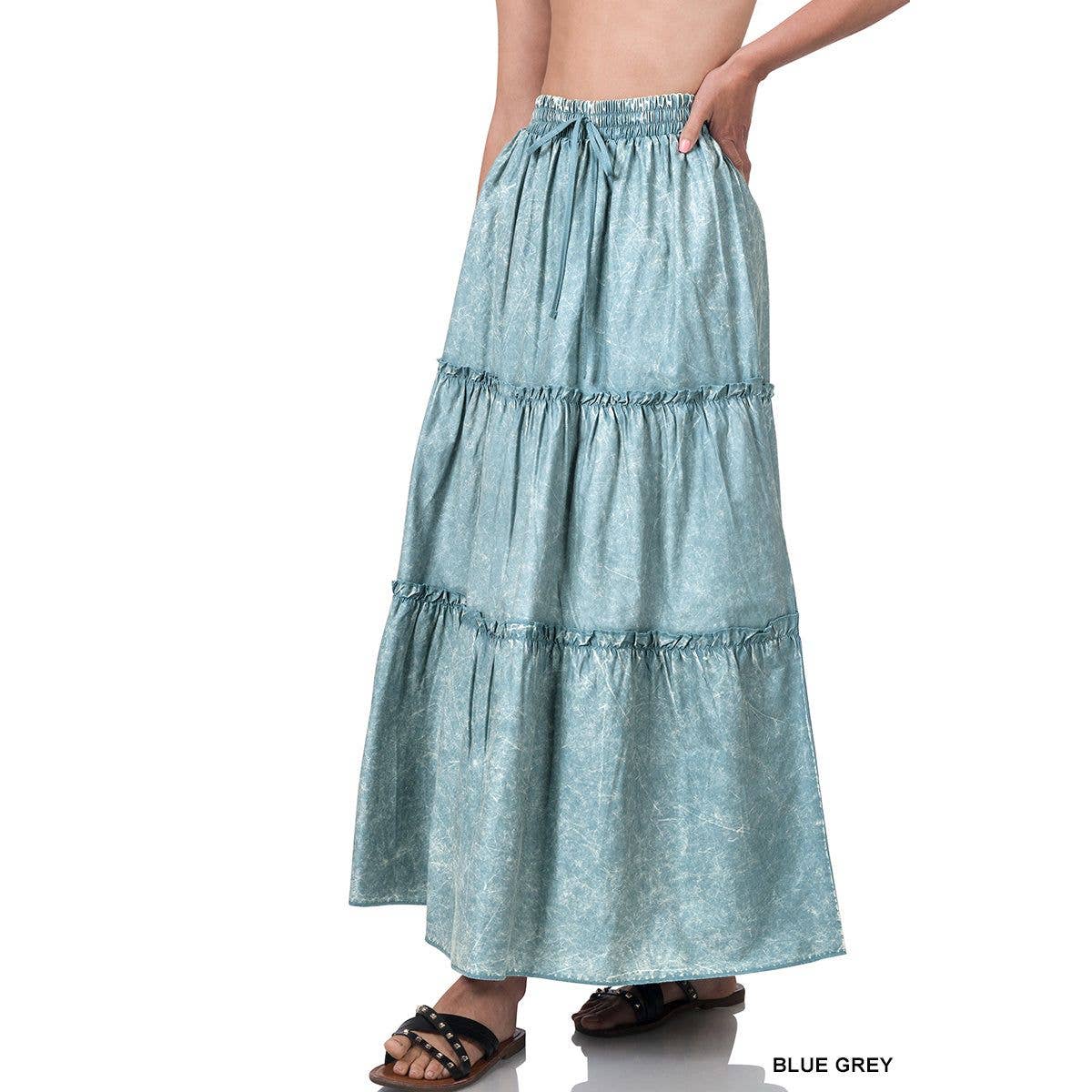 Woven Acid Wash Tiered Ruffle Maxi Skirt