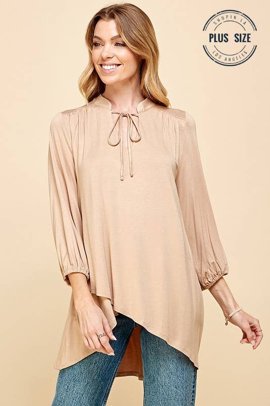 Plus Solid Collar Band Wrap Top With Tie