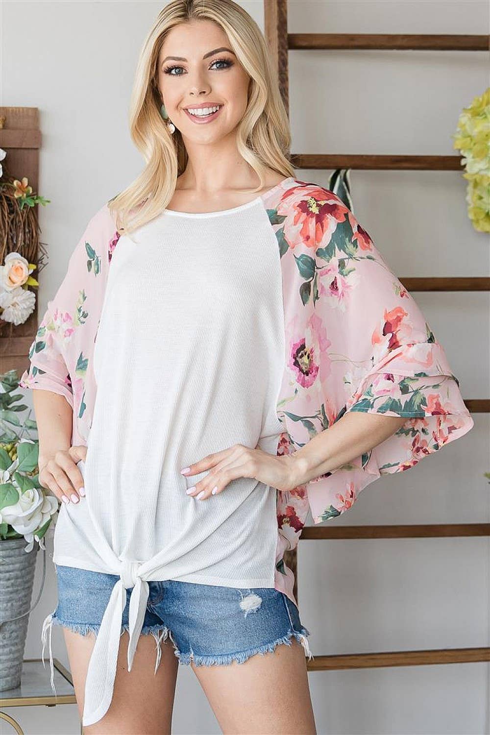 Floral Colorblock Half Sleeve Top: Ivory Pink