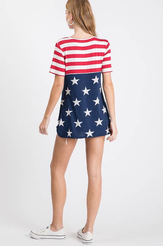 Short Sleeve Stripe and Star Print Flag