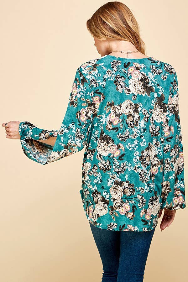 Women Floral Criss Cross Cuffed Open Sleeve Top
