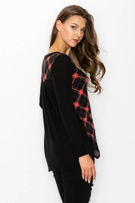 Plaid Back Detail Long Sleeve V Neck Top