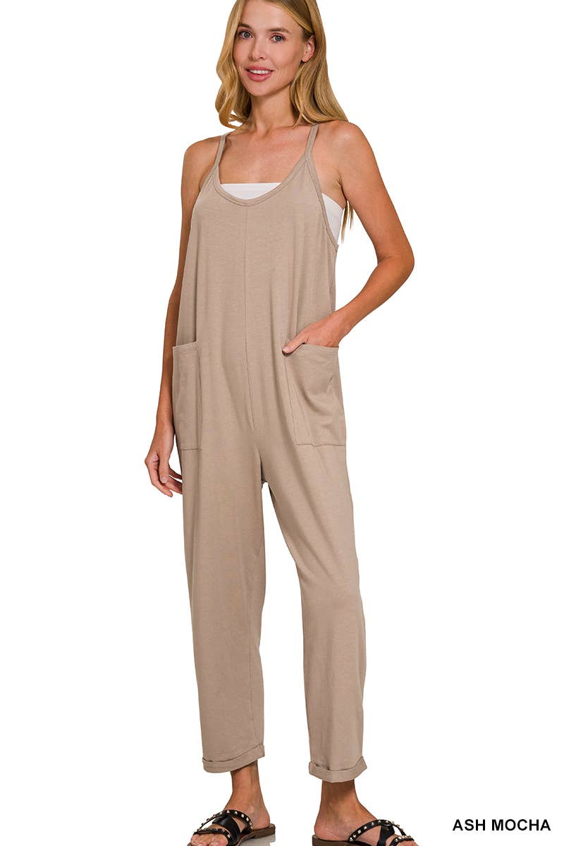 Spaghetti Strap Pocketed Cotton Jumpsuit