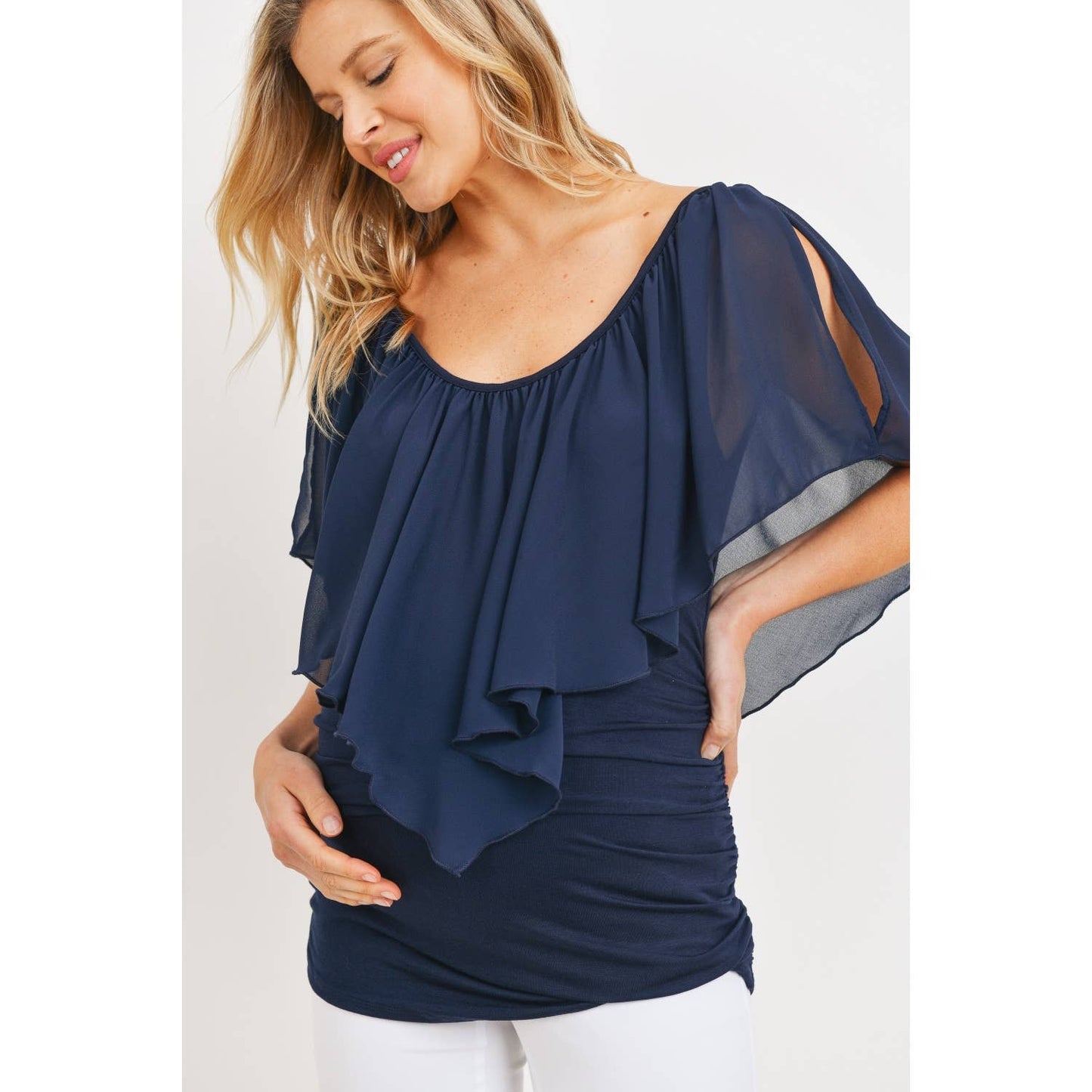 Ruffle Cold Shoulder Scoop Neck Maternity Blouse
