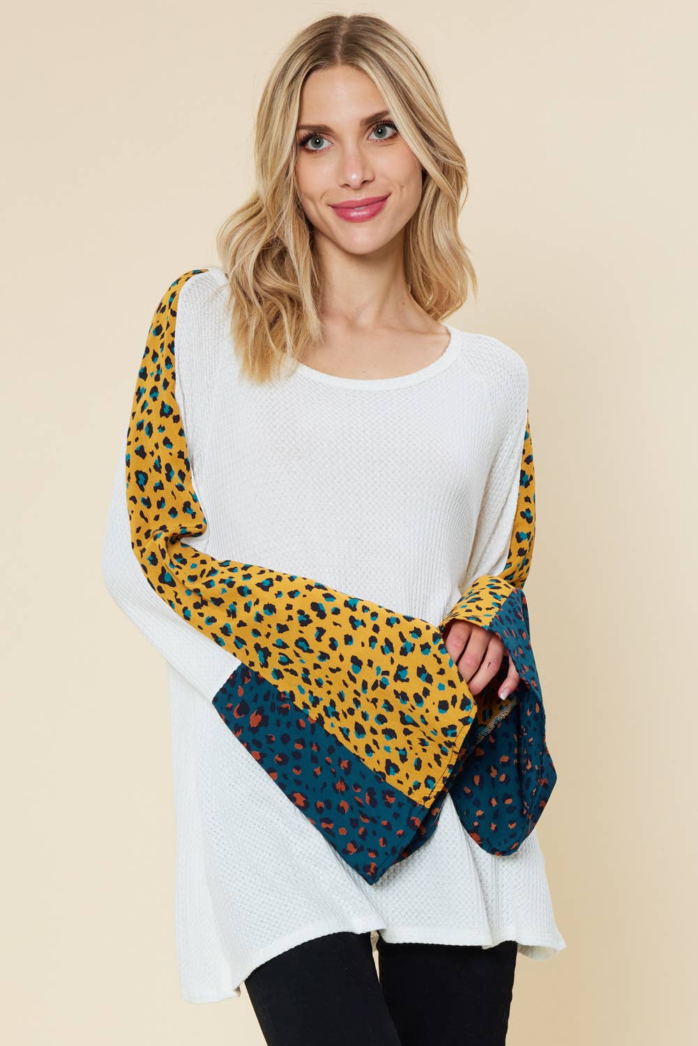 Bell sleeve top with color contrast leopard print