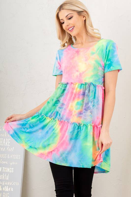 Multi Color Tie Dye Dress with Ruffled Detail