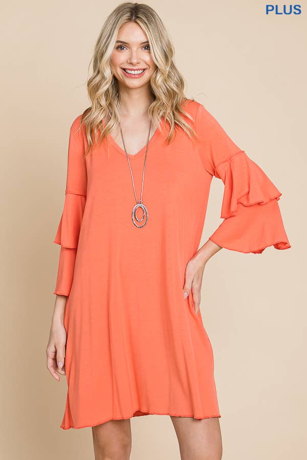 Plus Size V Neck Ruffle Sleeve A Line Dress