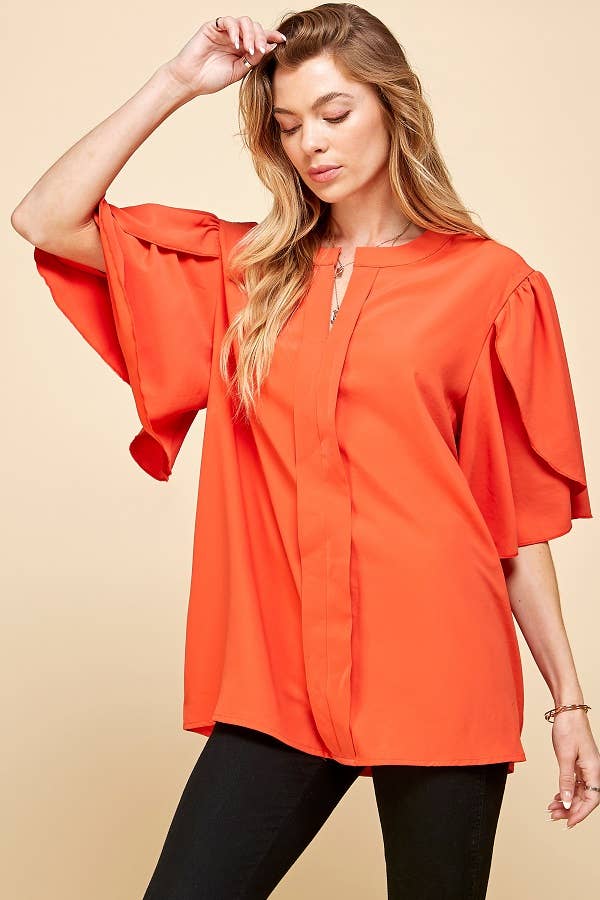 Solid Petal Flutter Sleeve Loose Blouse
