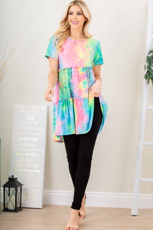 Multi Color Tie Dye Dress with Ruffled Detail