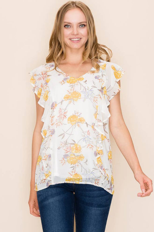 Women Floral Print Ruffle Blouse