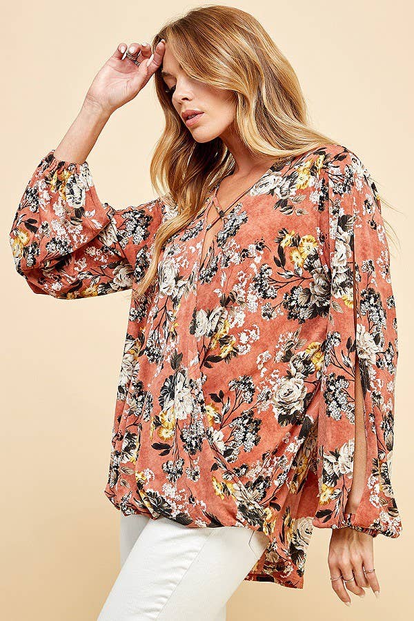 Women Floral Criss Cross Cuffed Open Sleeve Top
