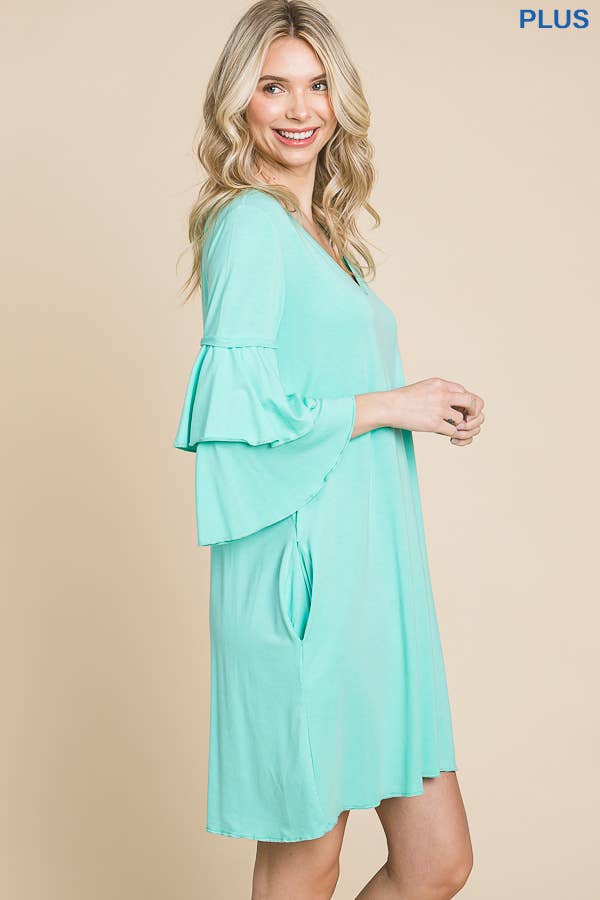 Plus Size V Neck Ruffle Sleeve A Line Dress