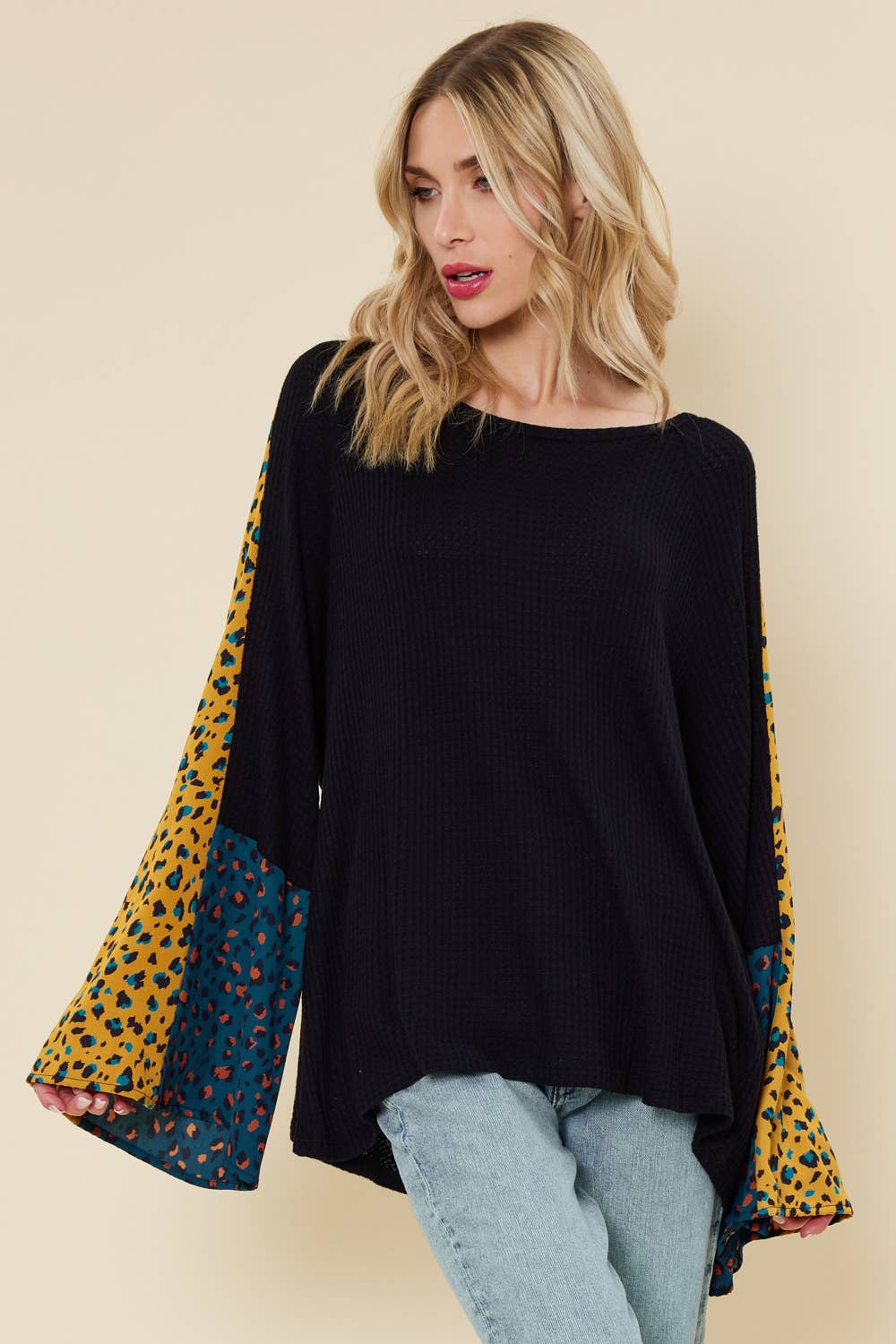 Bell sleeve top with color contrast leopard print