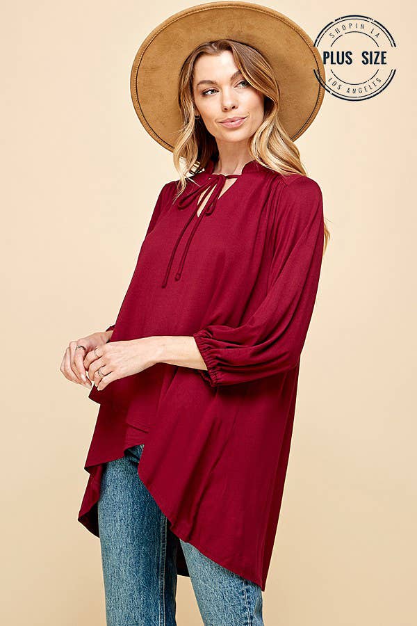 Plus Solid Collar Band Wrap Top With Tie