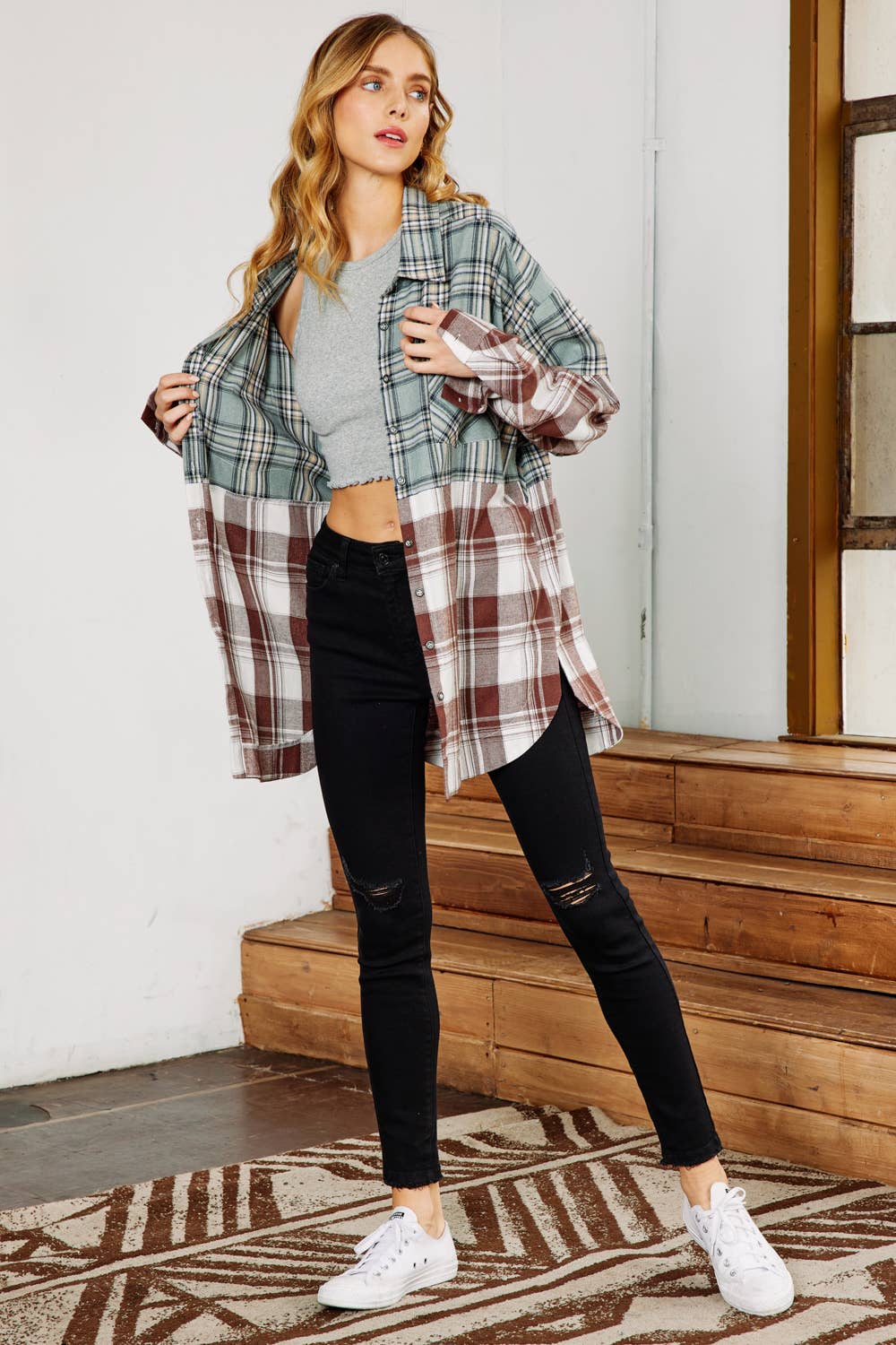 Mixed Plaid Button Down Oversized Shirt