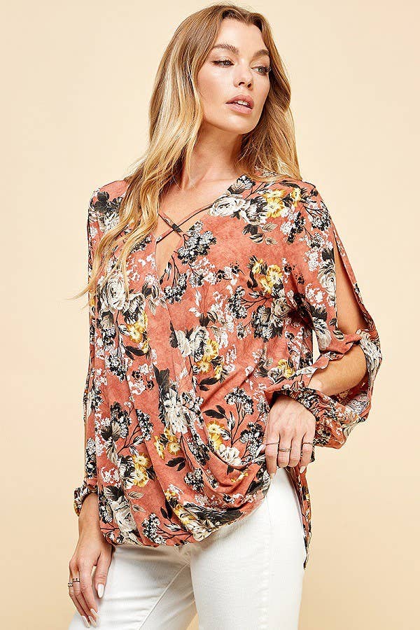 Women Floral Criss Cross Cuffed Open Sleeve Top