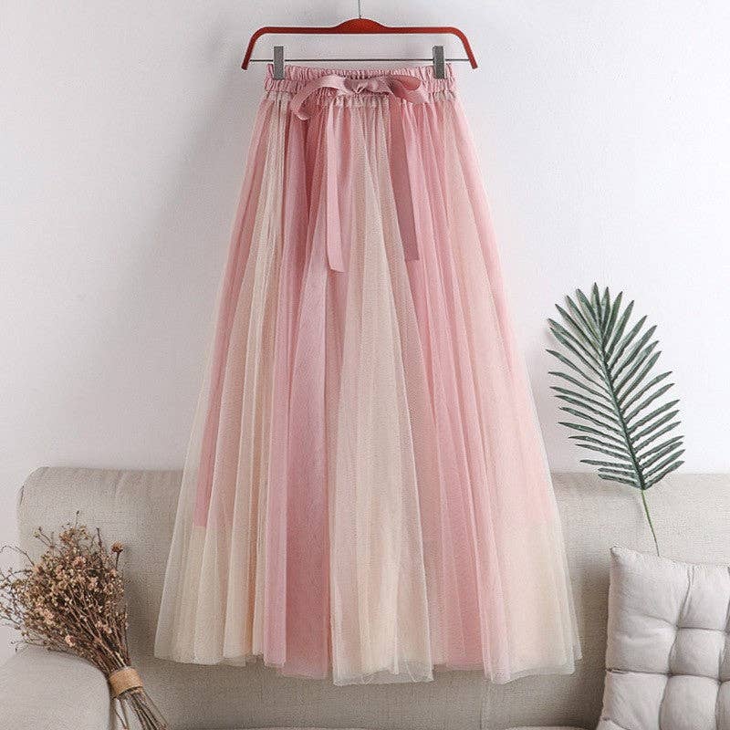 Color-Block Tulle Midi Puff Half Skirt