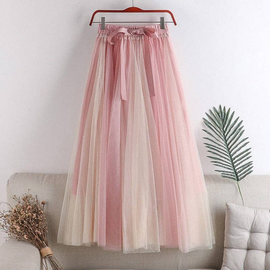 Color-Block Tulle Midi Puff Half Skirt