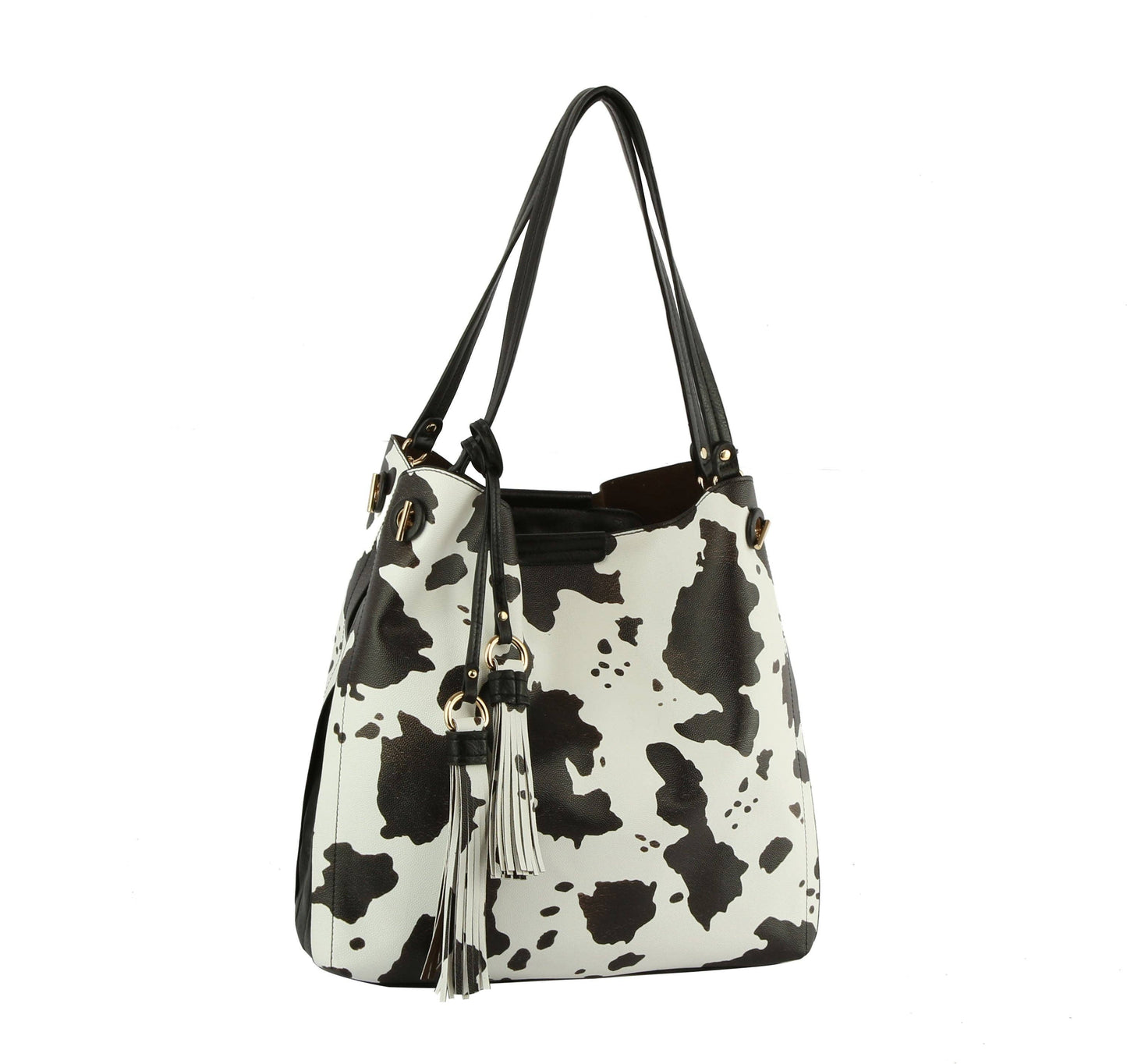 Cow Print Satchel Tossel Handbag: BLACK