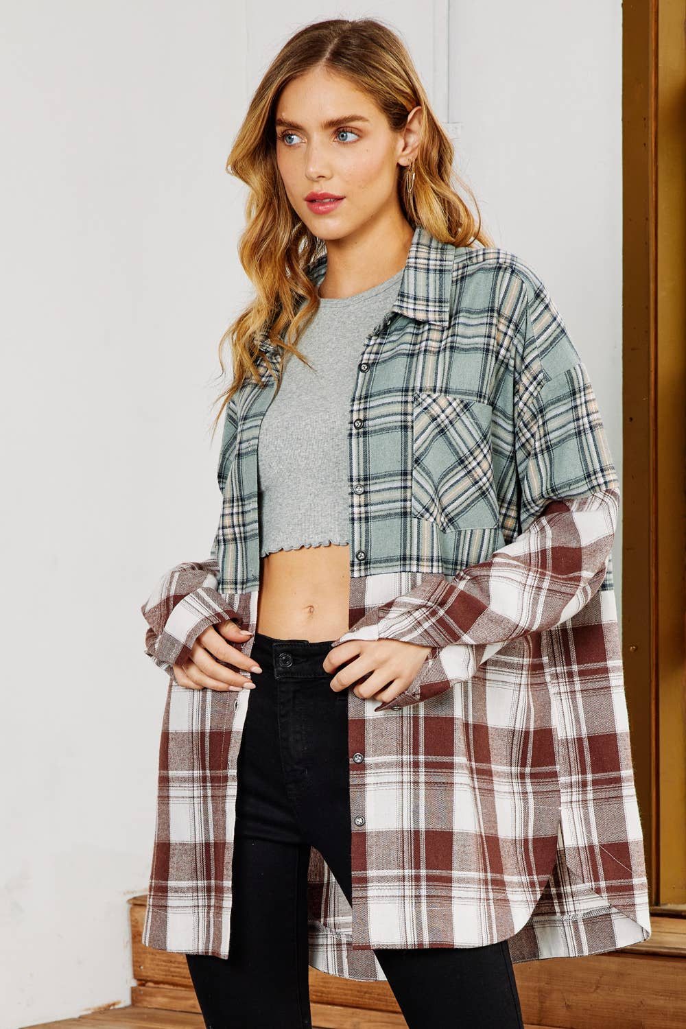 Mixed Plaid Button Down Oversized Shirt