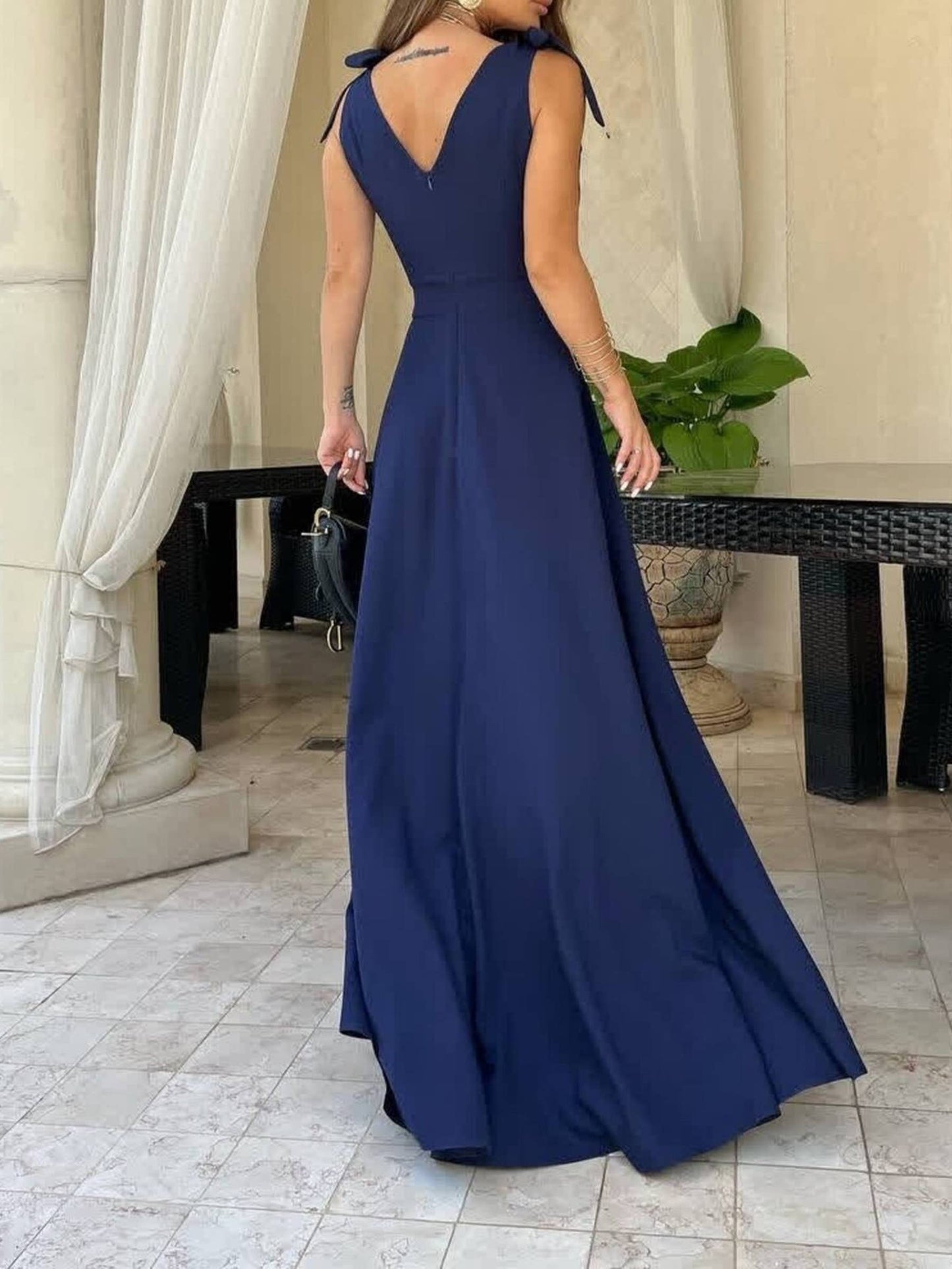 Solid Color V-neck Long Dress