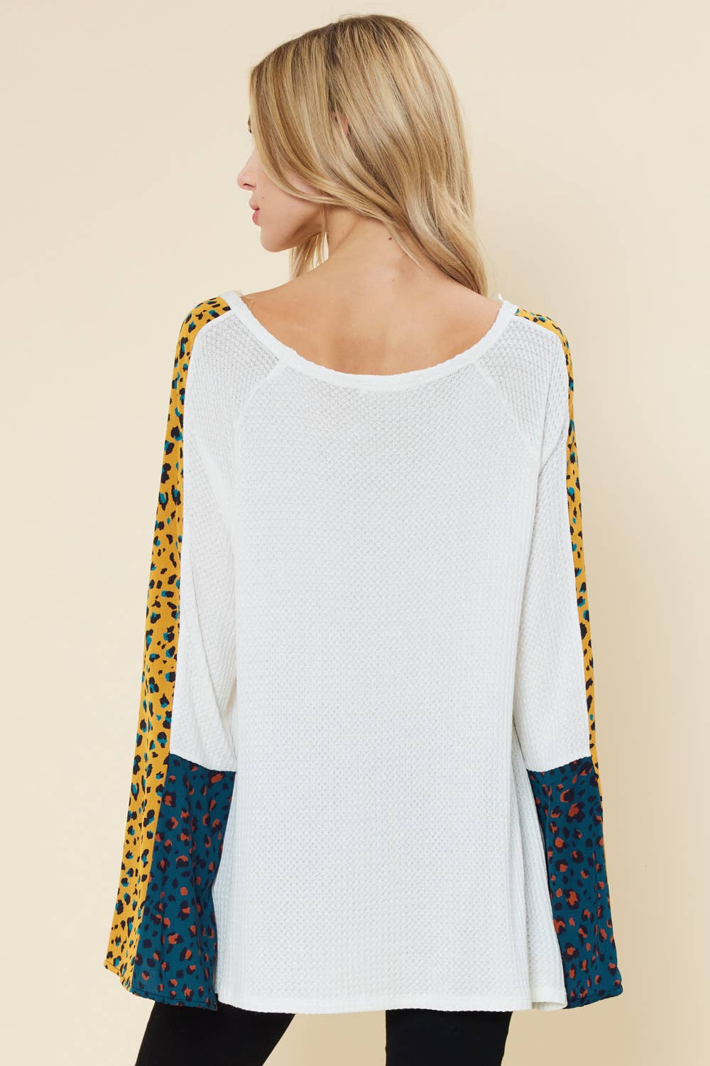 Bell sleeve top with color contrast leopard print