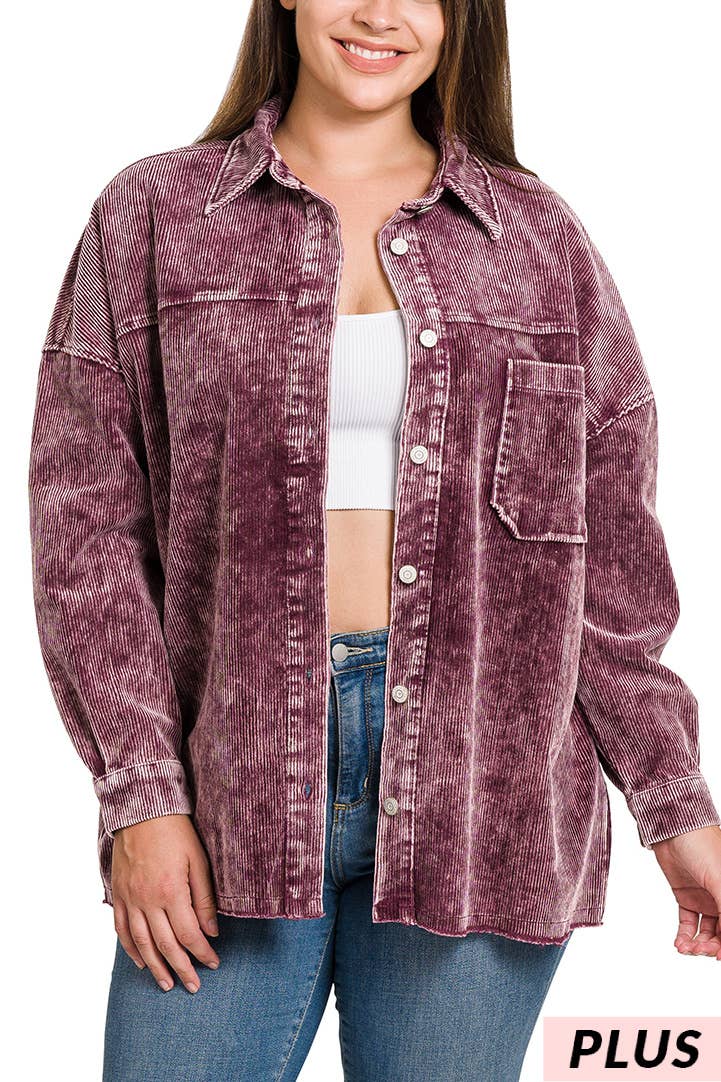 Plus Premium Vintage Washed Corduroy Shacket - Eggplant