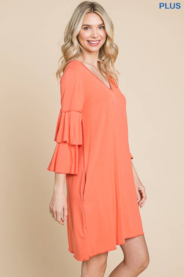 Plus Size V Neck Ruffle Sleeve A Line Dress